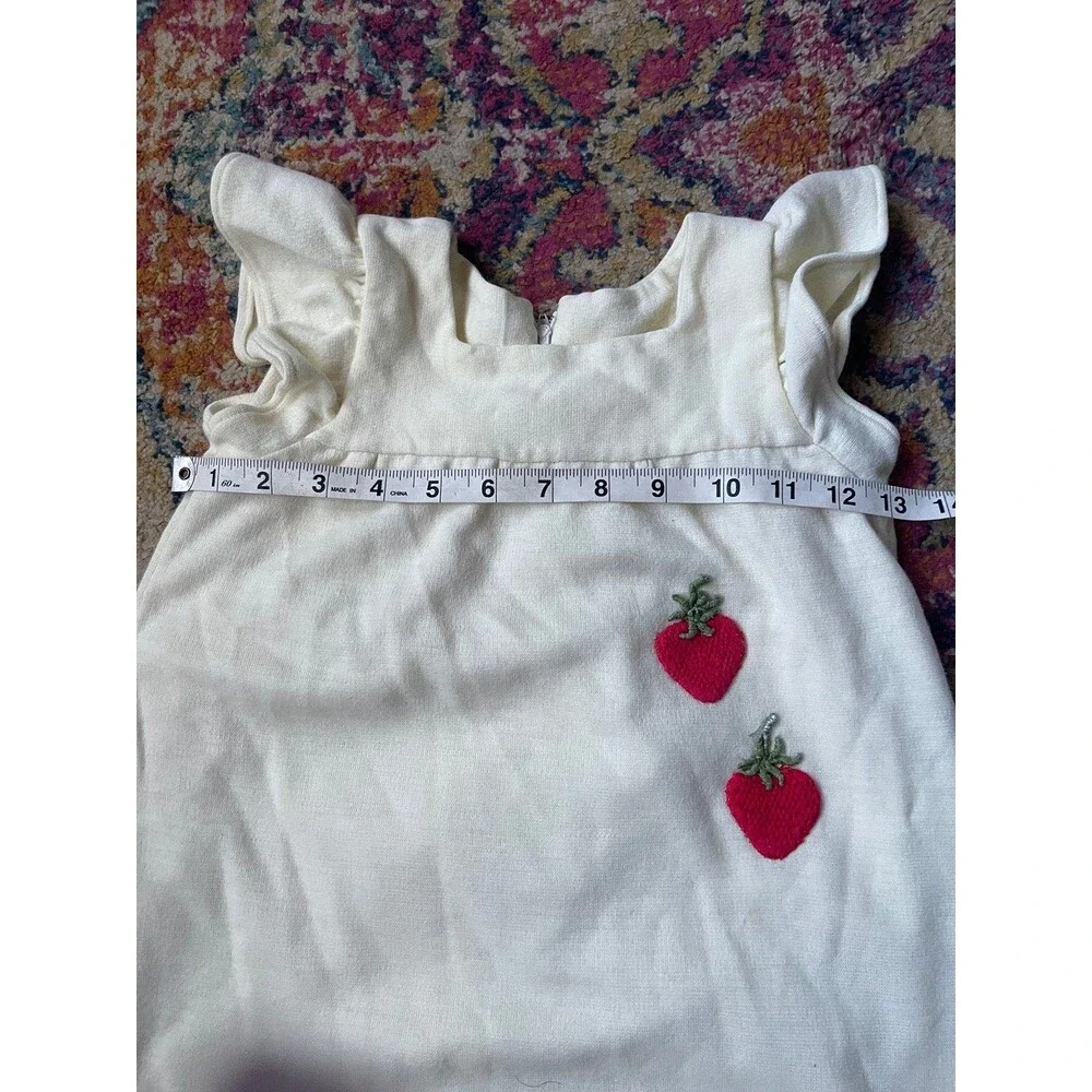 Vintage Cream Linen Toddler Dress with Strawberry Embroidery